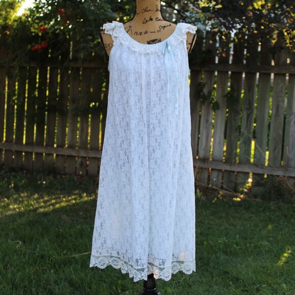 Vtg 50s Miss Siren Blue Nylon Ivory Lace Sleeveless Peignoir Nightgown Women's S - Picture 1 of 7